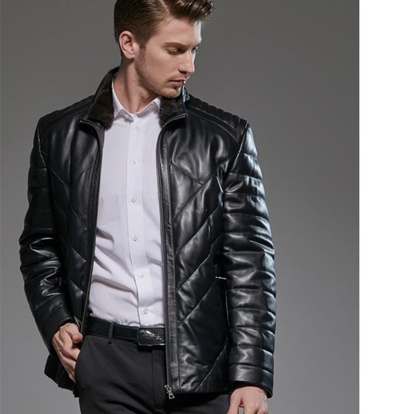 men's leather & faux leahter jacket collar sheepskin real men plus size duck down winter coat casaco 18-1710, Black
men's leather & faux leahter jacket collar sheepskin real men plus size duck down winter coat casaco 18-1710, Black