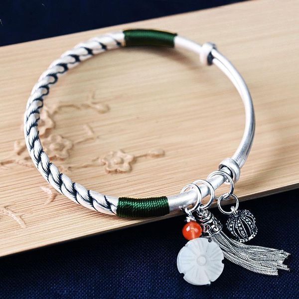 bangle silver bracelet female 925 national style hand retro woven hetian jade tassel solid push-pull sterling jewelry, Black
bangle silver bracelet female 925 national style hand retro woven hetian jade tassel solid push-pull sterling jewelry, Black