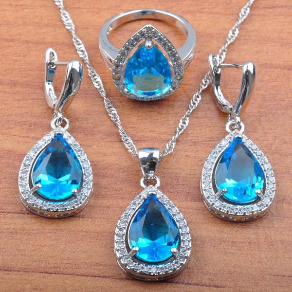 earrings & necklace water drop sky blue crystal jewelry set wedding for women pendant ring dubai bridal js0104, Silver 
earrings & necklace water drop sky blue crystal jewelry set wedding for women pendant ring dubai bridal js0104, Silver