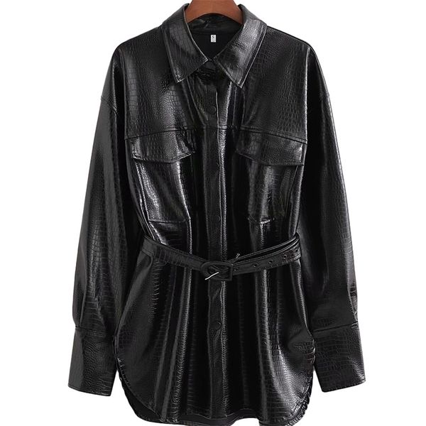 women fashion retro texture belt pu artificial leather clothing female locomotive single breasted long jacket 211007, Black
women fashion retro texture belt pu artificial leather clothing female locomotive single breasted long jacket 211007, Black
