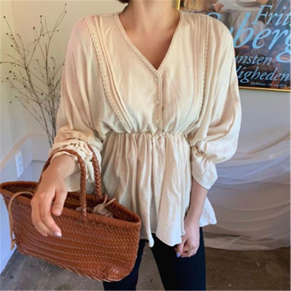 women's blouses & shirts korean chic v-neck blouse shirt temperament sweet high waist long-sleeved ruffled blusas casual lady cotton pu, White
women's blouses & shirts korean chic v-neck blouse shirt temperament sweet high waist long-sleeved ruffled blusas casual lady cotton pu, White