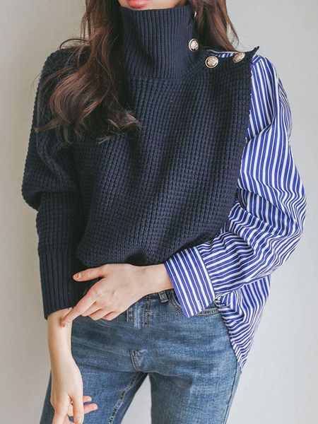 women's sweaters autumn and winter clothing high neck single-breasted sweater striped shirt stitching black pullover, White;black
women's sweaters autumn and winter clothing high neck single-breasted sweater striped shirt stitching black pullover, White;black