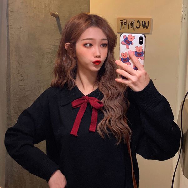 2021 new autumn bowknot lapel short knit sweater long sleeve pullover women kdiv, White;black
2021 new autumn bowknot lapel short knit sweater long sleeve pullover women kdiv, White;black
