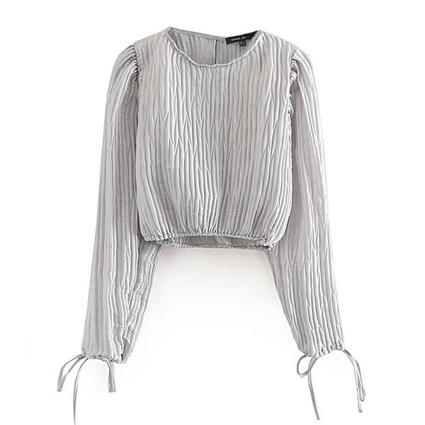 chic fold gray short blouses women fashion o neck bow smock elegant ladies slim lace-up long sleeve shirts 210531, White 
chic fold gray short blouses women fashion o neck bow smock elegant ladies slim lace-up long sleeve shirts 210531, White