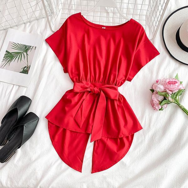 women's blouses & shirts summer irregular chiffon blouse short sleeve crew neck waistband bow front long back women, White
women's blouses & shirts summer irregular chiffon blouse short sleeve crew neck waistband bow front long back women, White