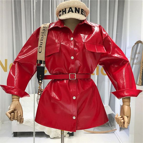 women's leather & faux pu jacket women 2021 autumn bright coat mid-long belt motorcycle clothing ladies fashion, Black
women's leather & faux pu jacket women 2021 autumn bright coat mid-long belt motorcycle clothing ladies fashion, Black