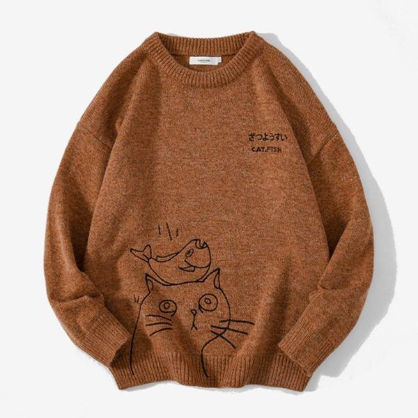 women's sweaters japanese style loose couple sweater funny cartoon cat and fish cute autumn knitted harajuku oversized pullover, White;black
women's sweaters japanese style loose couple sweater funny cartoon cat and fish cute autumn knitted harajuku oversized pullover, White;black
