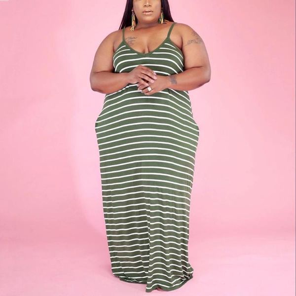 casual dresses 4xl 5xl plus size green striped dress for women fat spaghetti strap floor length v neck elegant evening party night long, Black;gray 
casual dresses 4xl 5xl plus size green striped dress for women fat spaghetti strap floor length v neck elegant evening party night long, Black;gray