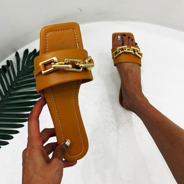 slippers 2021 large size gold chain decoration women's flat square toe sandals women summer shoes, Black
slippers 2021 large size gold chain decoration women's flat square toe sandals women summer shoes, Black