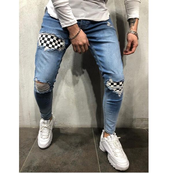 men's jeans fashion spliced ripped denim pants pencil slim patch plaid elastic waistline s-3xl, Blue
men's jeans fashion spliced ripped denim pants pencil slim patch plaid elastic waistline s-3xl, Blue