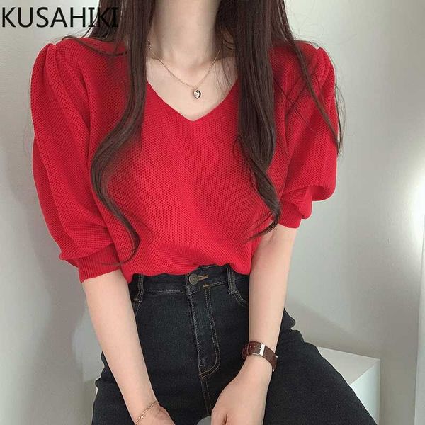 kusahiki summer korean chic solid pullover knitwear puff sleeve v-neck elegant women knitted summer jumpers 6h810 210602, White;black 
kusahiki summer korean chic solid pullover knitwear puff sleeve v-neck elegant women knitted summer jumpers 6h810 210602, White;black