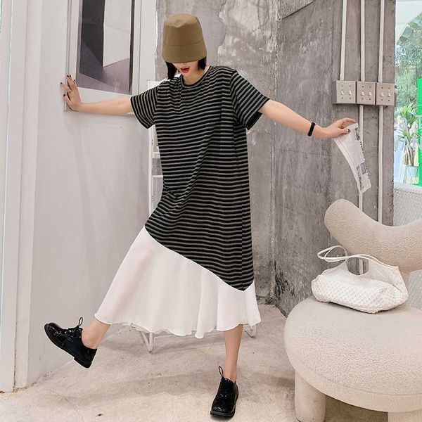 spring and summer korean striped stitching chiffon short-sleeved dress irregular casual loose comfortable home female 210615, Black;gray
spring and summer korean striped stitching chiffon short-sleeved dress irregular casual loose comfortable home female 210615, Black;gray