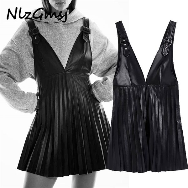 dres solid strap es fashion black slim pu leather elegant pleated es female ladies 210628, Black;gray
dres solid strap es fashion black slim pu leather elegant pleated es female ladies 210628, Black;gray
