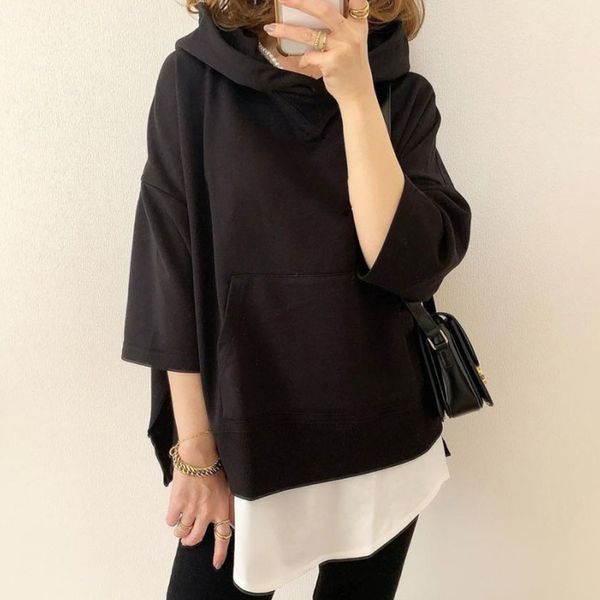 women's sweater with hat medium long spring and autumn new l two-piece set 7-point sleeve loose thin coat, Blue;black
women's sweater with hat medium long spring and autumn new l two-piece set 7-point sleeve loose thin coat, Blue;black