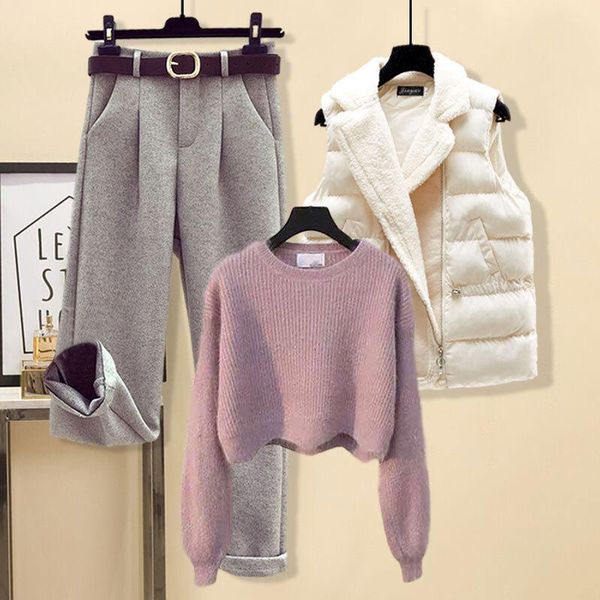 women's two piece pants small temperament suit female medium long waistcoat + short pure color sweater high waist woolen three sets, White
women's two piece pants small temperament suit female medium long waistcoat + short pure color sweater high waist woolen three sets, White