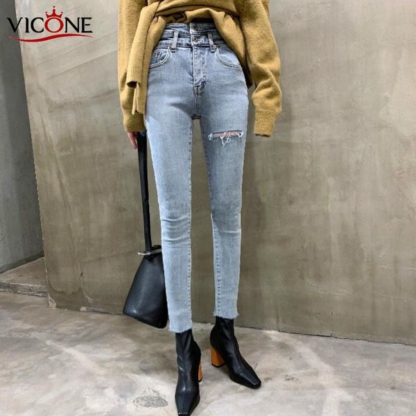 women's jeans vicone all-match ripped women denim fit high waist stretched elastic femme fringe hem skinny female trousers, Blue
women's jeans vicone all-match ripped women denim fit high waist stretched elastic femme fringe hem skinny female trousers, Blue