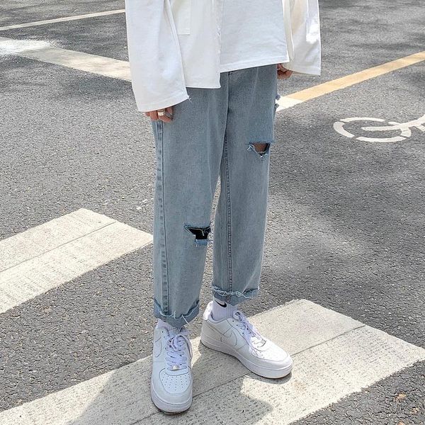 men's jeans summer straight men korean fashion loose casual ripped harajuku streetwear hip-hop wild ankle-length pants, Blue
men's jeans summer straight men korean fashion loose casual ripped harajuku streetwear hip-hop wild ankle-length pants, Blue