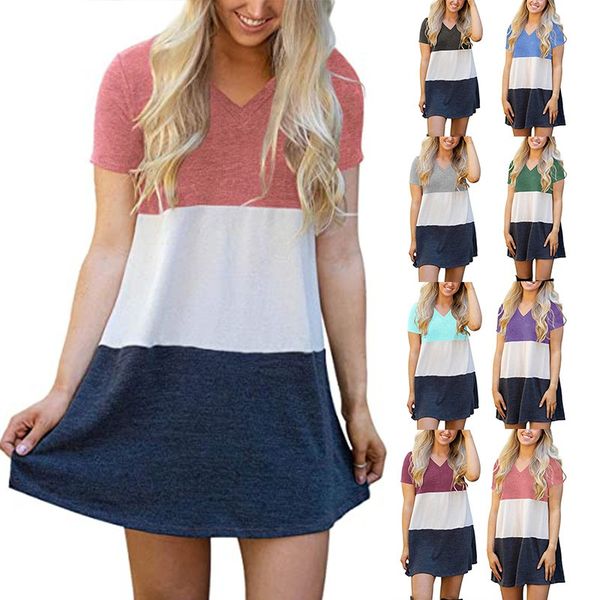 2021 new spring and summer european and american women's wear color matching v-neck loose t-shirt dress, White
2021 new spring and summer european and american women's wear color matching v-neck loose t-shirt dress, White