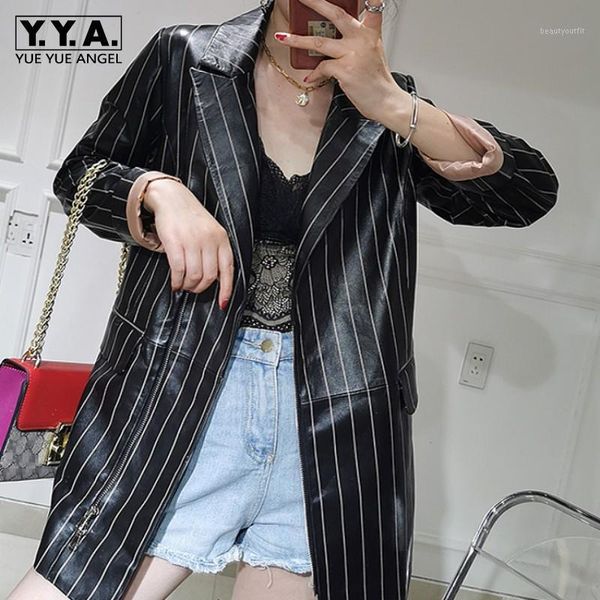 office ladies real sheepskin blazer coat loose fit women fashion striped genuine leather jacket autumn boyfriend style suit women's &, Black 
office ladies real sheepskin blazer coat loose fit women fashion striped genuine leather jacket autumn boyfriend style suit women's &, Black