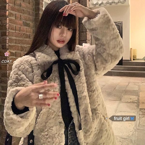 women's fur & faux jacket women coat lamb wool for winter lapel bow loose veste femme, Black
women's fur & faux jacket women coat lamb wool for winter lapel bow loose veste femme, Black