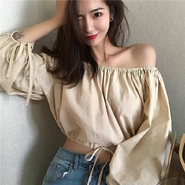 women's blouses & shirts spring autumn womens clothing vintage lace up off shoulder crop shirt loose solid lantern sleeve blou, White
women's blouses & shirts spring autumn womens clothing vintage lace up off shoulder crop shirt loose solid lantern sleeve blou, White