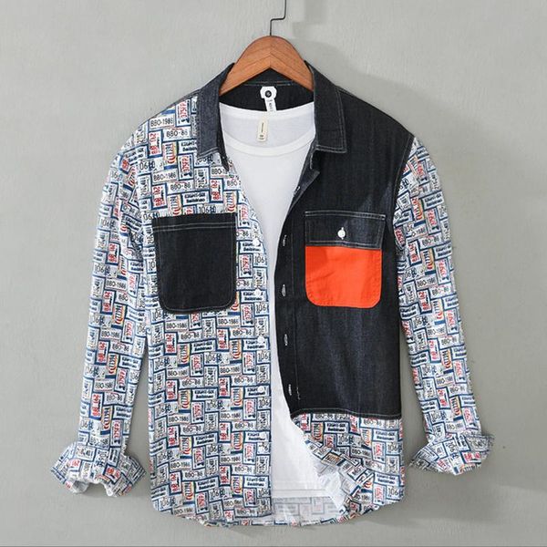 men's casual shirts shirt for men 100%pure cotton print long sleeve denim patchwork clothing springtime style camisa streetwear, White;black
men's casual shirts shirt for men 100%pure cotton print long sleeve denim patchwork clothing springtime style camisa streetwear, White;black