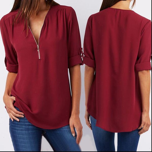 women chiffon v neck blouse summer autumn casual half sleeve solid loose zipper bluses shirts plus size, White
women chiffon v neck blouse summer autumn casual half sleeve solid loose zipper bluses shirts plus size, White