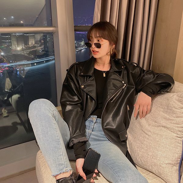 2021 new black retro leather women's spring loose solid short-style locomotive suit handsome jacket 91ea, Black;brown
2021 new black retro leather women's spring loose solid short-style locomotive suit handsome jacket 91ea, Black;brown