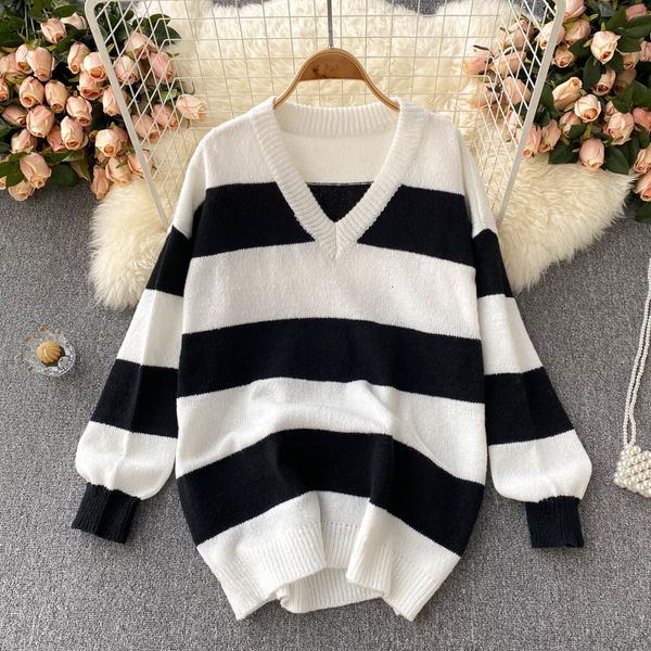 women's sweaters female sweatshirt black and white striped pullovers oversize autumn long sleeve with female v jumper neckline qko5, White;black
women's sweaters female sweatshirt black and white striped pullovers oversize autumn long sleeve with female v jumper neckline qko5, White;black