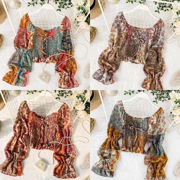 women's blouses & shirts women's floral print patchwork square navel exposed chiffon shirt blouse, White
women's blouses & shirts women's floral print patchwork square navel exposed chiffon shirt blouse, White