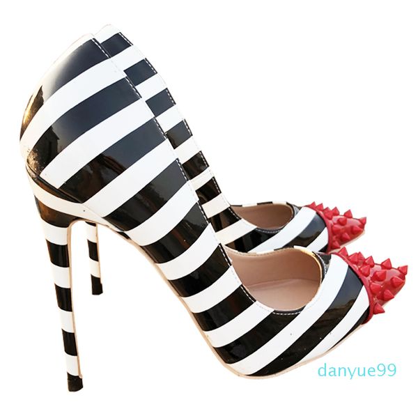 spring new style toe nail rivet pointed high heels shoe fashion black and white striped patent leather thin heel party dress women's sh
spring new style toe nail rivet pointed high heels shoe fashion black and white striped patent leather thin heel party dress women's sh