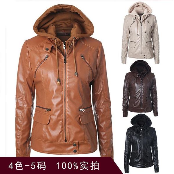 women's leather & faux 2021 european and american draw rope removable hat zipper pocket pu locomotive jacket spot, Black
women's leather & faux 2021 european and american draw rope removable hat zipper pocket pu locomotive jacket spot, Black