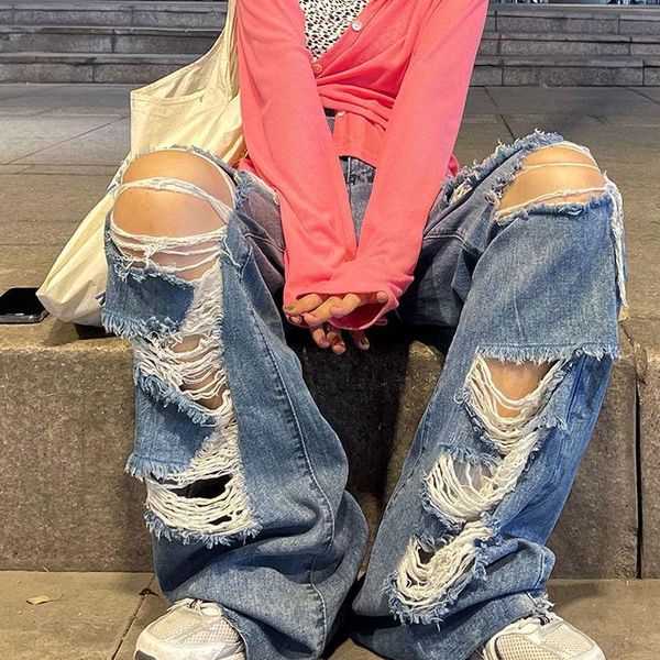 women's jeans spring and autumn ripped high waist loose straight pants wide leg y2k street, Blue
women's jeans spring and autumn ripped high waist loose straight pants wide leg y2k street, Blue