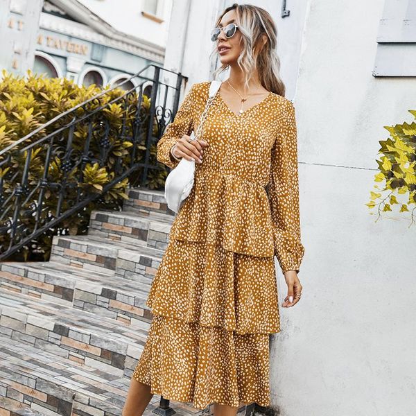 casual dresses elegant v neck floral print women vestidos spring long sleeve cascading ruffles mid-calf female party dress, Black;gray