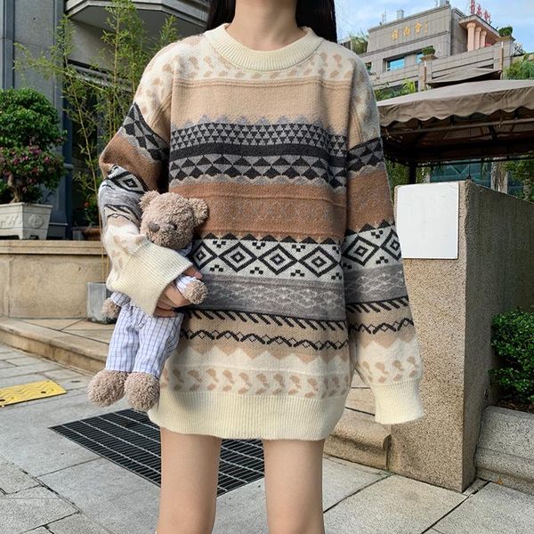 women's sweaters retro ladies sweater diamond plaid winter loose style striped pull korean knit casual top, White;black
women's sweaters retro ladies sweater diamond plaid winter loose style striped pull korean knit casual top, White;black