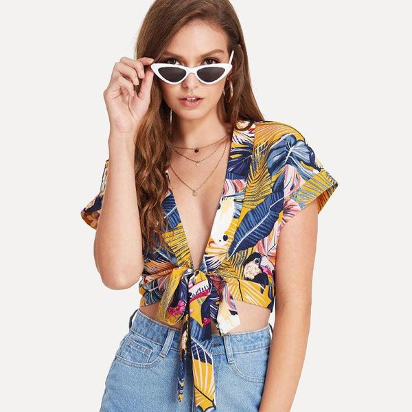 women's blouses & shirts blouse deep v neck shirt women lace up short sleeve floral printed crop female casual summer, White
women's blouses & shirts blouse deep v neck shirt women lace up short sleeve floral printed crop female casual summer, White