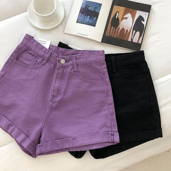 women's shorts chic purple jeans 2021 summer korean retro high waist for women y2k, White;black 
women's shorts chic purple jeans 2021 summer korean retro high waist for women y2k, White;black