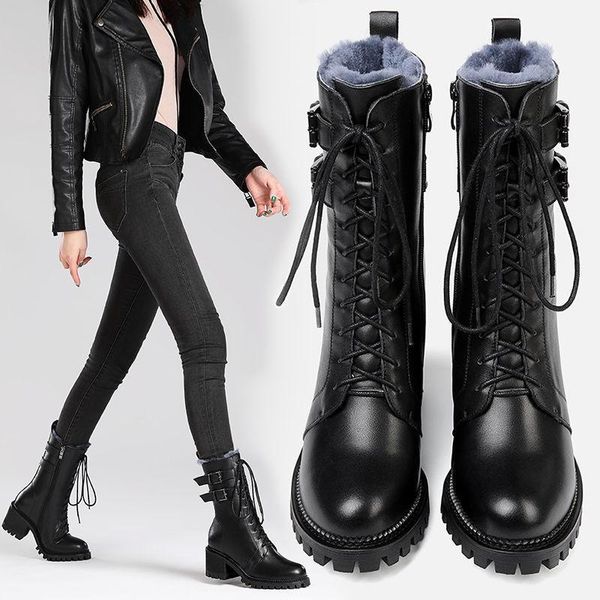 boots snow 2021 thick heel leather soft front lace up side zipper british ugged women shoes, Black
boots snow 2021 thick heel leather soft front lace up side zipper british ugged women shoes, Black