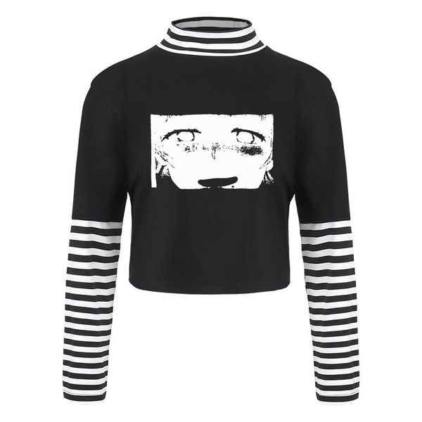 women's t-shirt gothic striped patch crop anime print women turtleneck casual tees shirts long sleeve streetwear basic t shirt, White
women's t-shirt gothic striped patch crop anime print women turtleneck casual tees shirts long sleeve streetwear basic t shirt, White