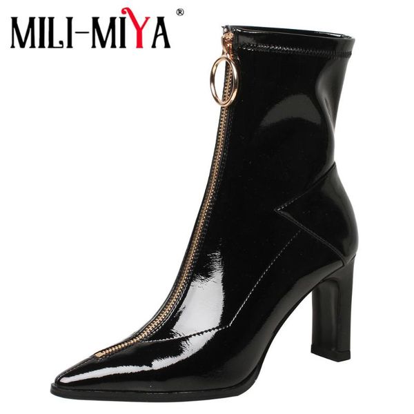boots mili-miya brand design autumn ankle women square heel front zipper patent leather pointed toe faddish dress shoes, Black
boots mili-miya brand design autumn ankle women square heel front zipper patent leather pointed toe faddish dress shoes, Black
