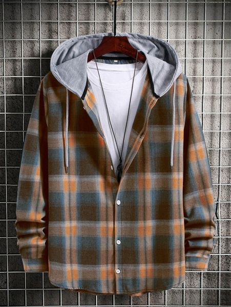 men plaid print button up drawstring hooded shirt without tee r55y#, White;black
men plaid print button up drawstring hooded shirt without tee r55y#, White;black