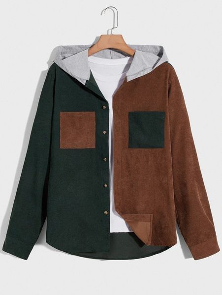 men colorblock pocket patched hooded corduroy shirt without s3s9#, White;black
men colorblock pocket patched hooded corduroy shirt without s3s9#, White;black