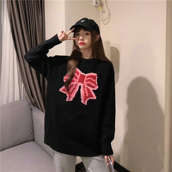 2021 new autumn loose bow knot love jacquard long-sleeved round neck pullover knitted sweater female college style 5844, White;black
2021 new autumn loose bow knot love jacquard long-sleeved round neck pullover knitted sweater female college style 5844, White;black
