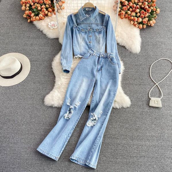 women's two piece pants pierced jeans loose high waist wide leg long suit lapel chest hollowed out short shirt fashion, White
women's two piece pants pierced jeans loose high waist wide leg long suit lapel chest hollowed out short shirt fashion, White