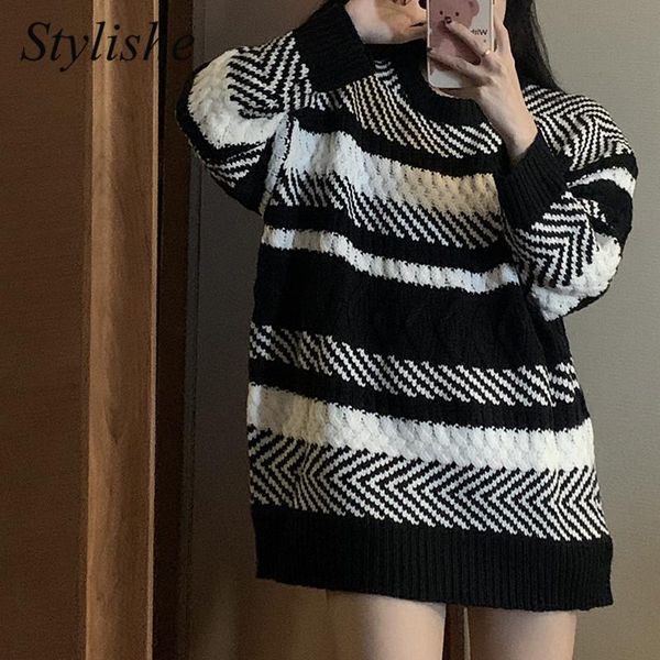 women's sweaters black white ovesized sweater women winter retro crew neck pullover geometric striped harajuku thick female jumper 2021, White;black
women's sweaters black white ovesized sweater women winter retro crew neck pullover geometric striped harajuku thick female jumper 2021, White;black