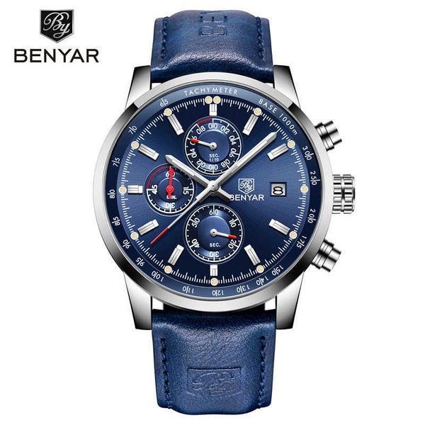 

benyar men's watches luxury brand quartz chronograph watch fashion sports automatic date leather men clock relogio masculino 210728, Slivery;brown