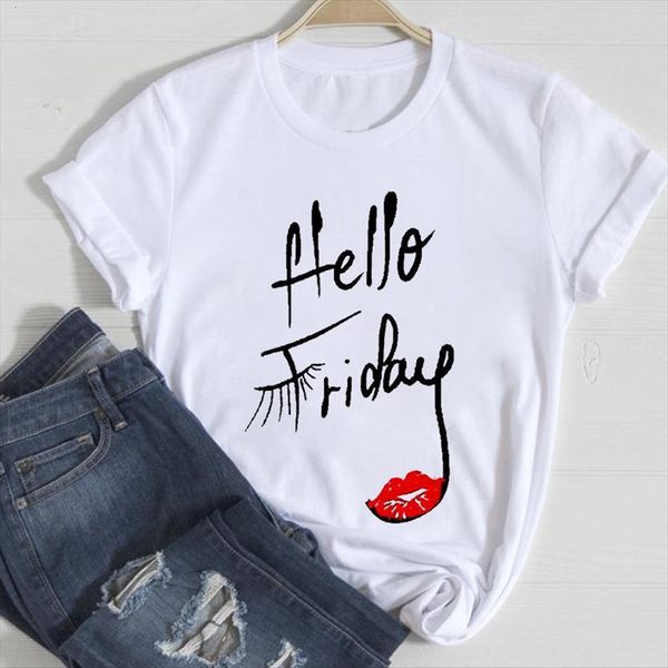 fashion hello friday print womens summer short sleeved o neck casual shirt wild ladies tee, White
fashion hello friday print womens summer short sleeved o neck casual shirt wild ladies tee, White