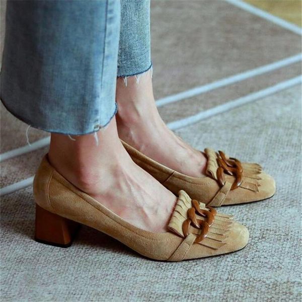 sandals s retro tasseled thick heel ladies high camel deep single shoes spring and autumn formal, Black