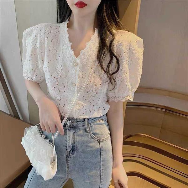 women's blouses & shirts big fat mm lace v-neck hollow bubble sleeve short shirt chiffon sweet slim girl, White
women's blouses & shirts big fat mm lace v-neck hollow bubble sleeve short shirt chiffon sweet slim girl, White