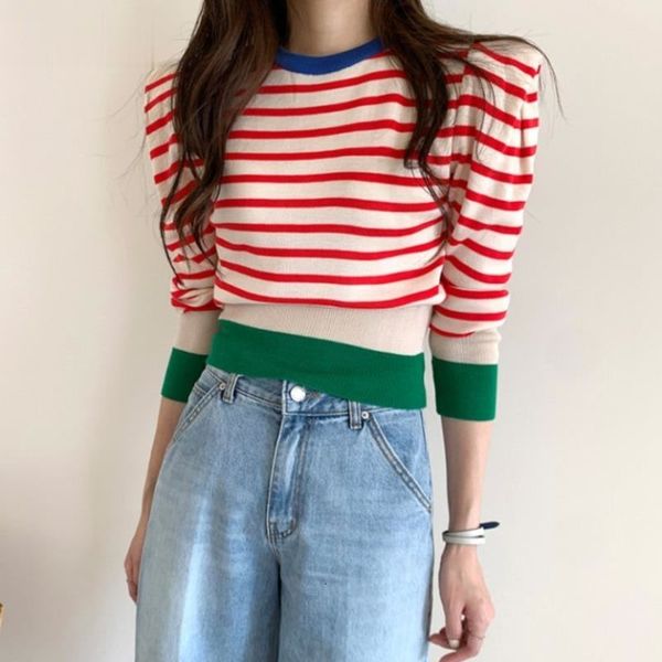 the neck puff long sleeve woman's knitted sweater hit striped color patch short pull femme winter 2021 new swedish fine 2bh4, White;black
the neck puff long sleeve woman's knitted sweater hit striped color patch short pull femme winter 2021 new swedish fine 2bh4, White;black